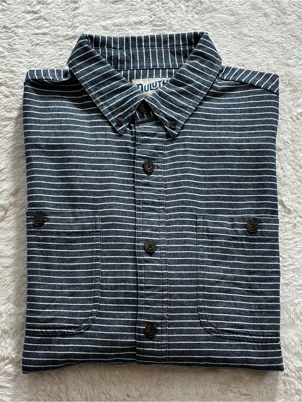 Duluth Trading Co Men L Relaxed Fit Cotton Canvas Stripe Work Shirt L/XL
